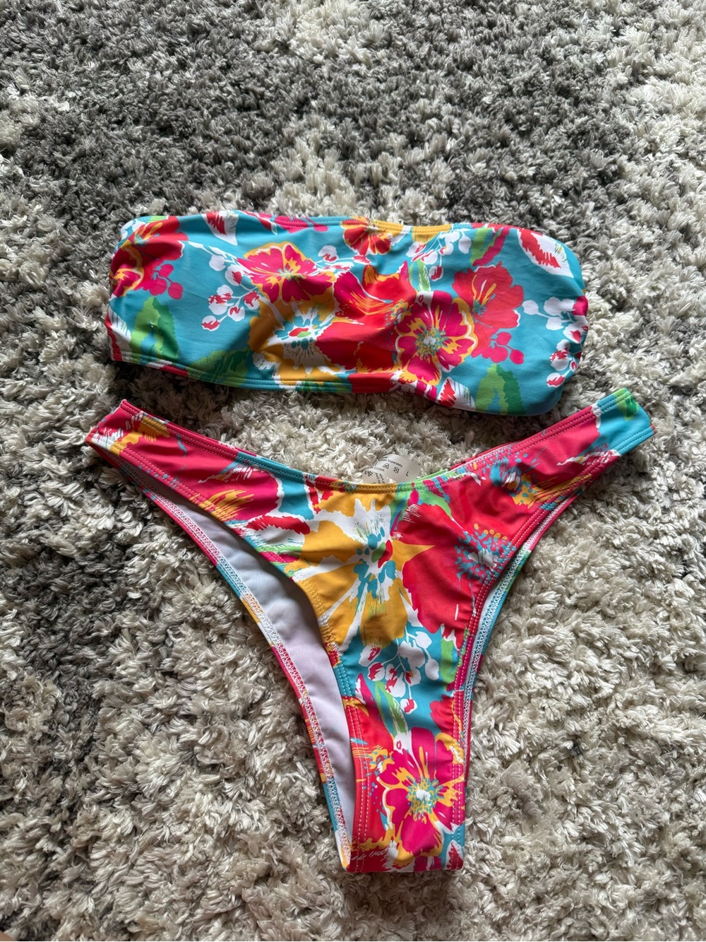 SHEIN Turquoise Pink Yellow Floral Bandeau Bikini